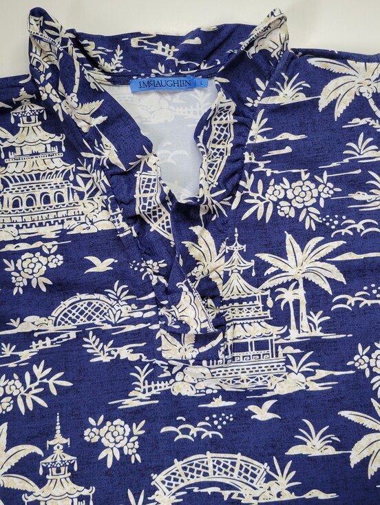 J. McLaughlin Tops - J.McLaughlin Navy White Chinoiserie Pagoda Toile Sleeveless Ruffle Top Womens LG